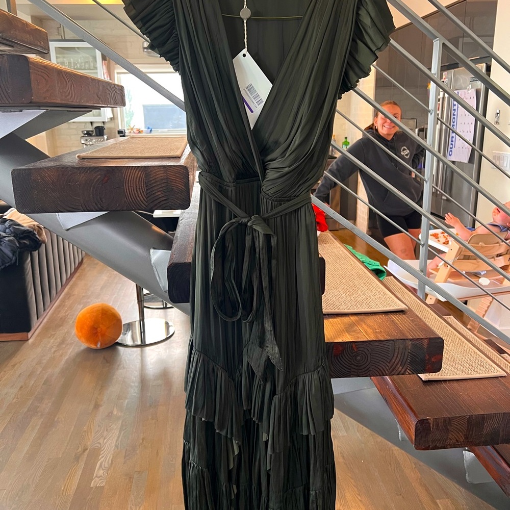 Ulla Johnson Plissé Silk Jersey Tiered Dress - Dark Green - Size 4 NWT